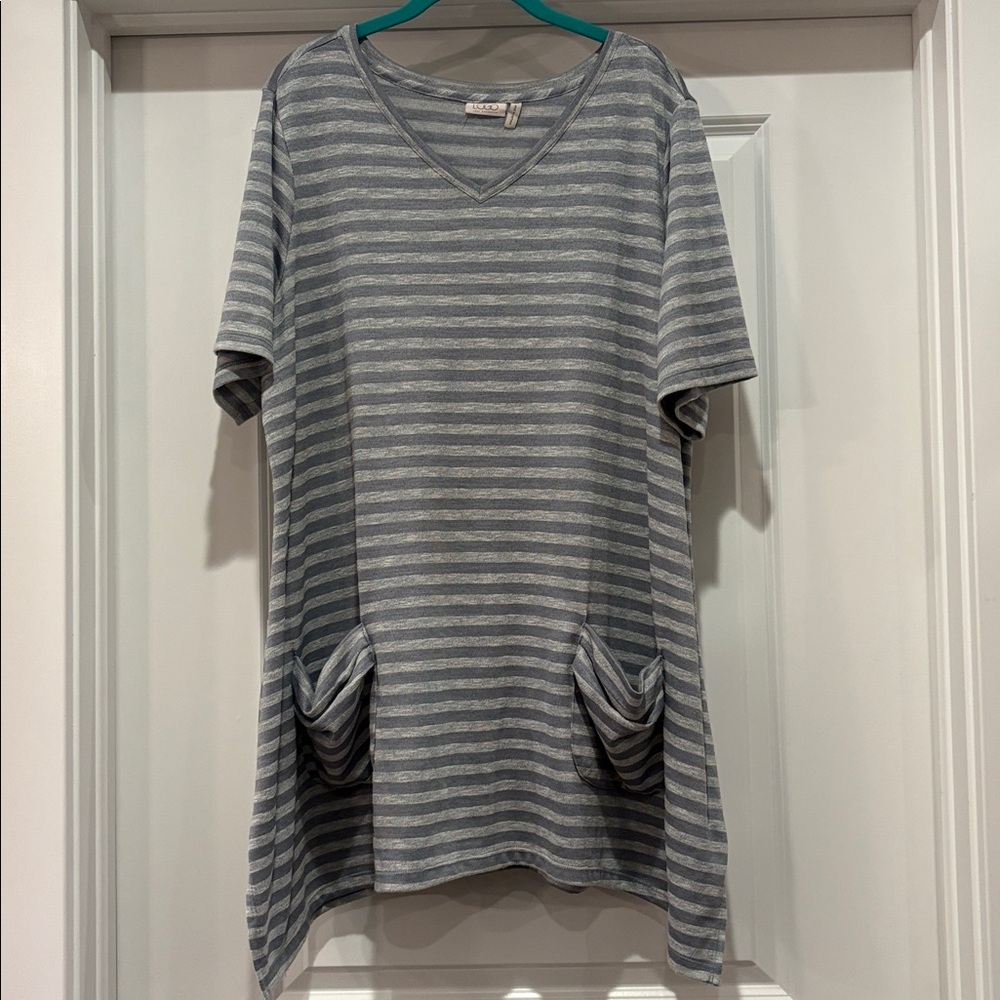 LOGO by Lori Goldstein Gray and White Striped V-Neck Tunic